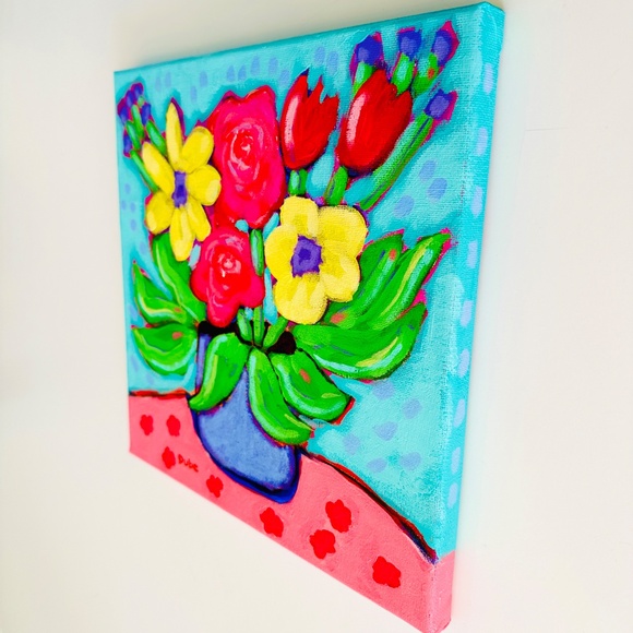 Original Painting Whimsical Collectible Flowers Violet Vase  10" x 10" Canvas - Picture 4 of 10